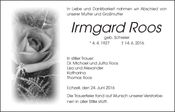 Traueranzeige von Irmgard Roos von Wetterauer Zeitung, Wetterauer Zeitung