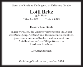 Traueranzeige von Lotti Reitz von Gießener Allgemeine, Alsfelder Allgemeine