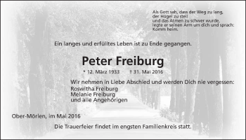 Traueranzeige von Peter Freiburg von Wetterauer Zeitung, Wetterauer Zeitung