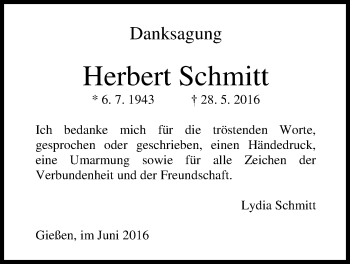 Traueranzeige von Herbert Schmitt von Gießener Allgemeine, Alsfelder Allgemeine