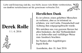 Traueranzeige von Derek Rolle von Wetterauer Zeitung, Wetterauer Zeitung