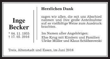 Traueranzeige von Inge Becker von Gießener Allgemeine, Alsfelder Allgemeine