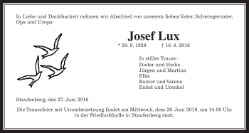 Traueranzeige von Josef Lux von Gießener Allgemeine, Alsfelder Allgemeine