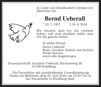 Traueranzeige von Bernd Ueberall von Wetterauer Zeitung, Wetterauer Zeitung