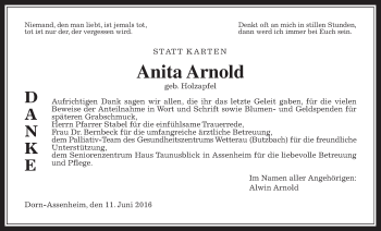 Traueranzeige von Anita Arnold von Wetterauer Zeitung, Wetterauer Zeitung