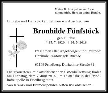 Traueranzeige von Brunhilde Fünfstück von Wetterauer Zeitung, Wetterauer Zeitung