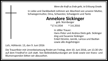 Traueranzeige von Annelore Sickinger von Licher Wochenblatt, Licher Wochenblatt, Licher Wochenblatt