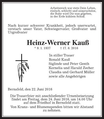 Traueranzeige von Heinz-Werner Kauß von Gießener Allgemeine, Alsfelder Allgemeine