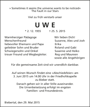 Traueranzeige von Uwe  