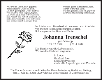 Traueranzeige von Johanna Trenschel von Gießener Allgemeine, Alsfelder Allgemeine