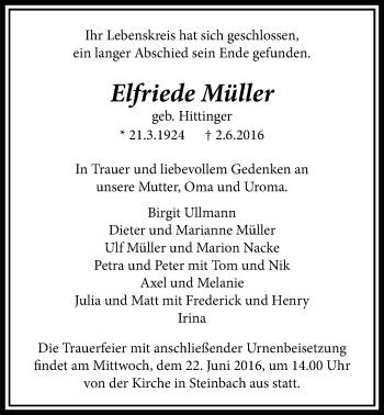Traueranzeige von Elfriede Müller von Licher Wochenblatt, Licher Wochenblatt, Licher Wochenblatt