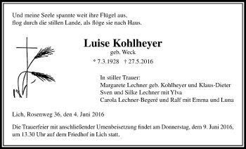 Traueranzeige von Luise Kohlheyer von Gießener Allgemeine, Alsfelder Allgemeine