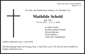 Traueranzeige von Mathilde Scheld von Gießener Allgemeine, Alsfelder Allgemeine