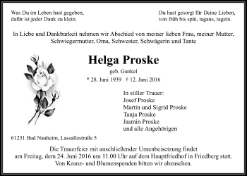 Traueranzeige von Helga Proske von Wetterauer Zeitung, Wetterauer Zeitung