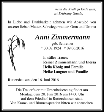 Traueranzeige von Anni Zimmermann von Gießener Allgemeine, Alsfelder Allgemeine