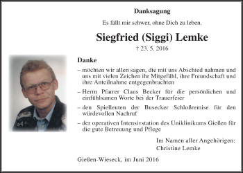 Traueranzeige von Siegfried Lemke von Gießener Allgemeine, Alsfelder Allgemeine