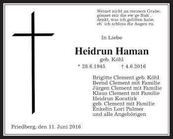 Traueranzeige von Heidrun Haman von Wetterauer Zeitung, Wetterauer Zeitung