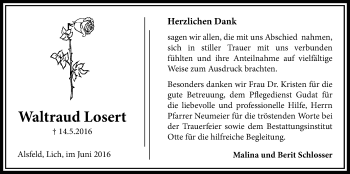 Traueranzeige von Waltraud Losert von Licher Wochenblatt, Licher Wochenblatt, Licher Wochenblatt