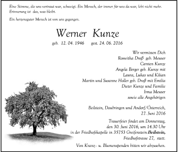Traueranzeige von Werner Kunze von Gießener Allgemeine, Alsfelder Allgemeine