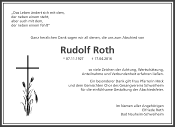 Traueranzeige von Rudolf Roth von Wetterauer Zeitung, Wetterauer Zeitung