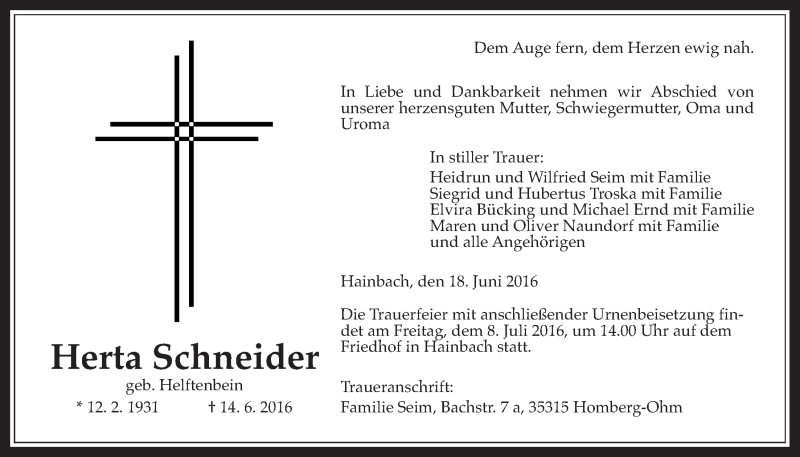 Traueranzeige für Herta Schneider vom 18.06.2016 aus Gießener Allgemeine, Alsfelder Allgemeine, Alsfelder Allgemeine
