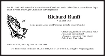 Traueranzeige von Richard Ranft von Gießener Allgemeine, Alsfelder Allgemeine