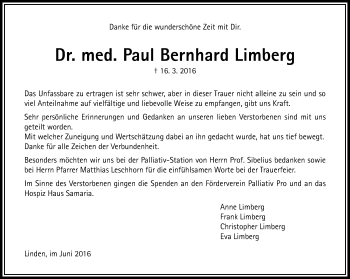 Traueranzeige von Paul Bernhard Limberg von Gießener Allgemeine, Alsfelder Allgemeine
