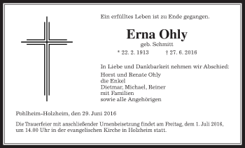 Traueranzeige von Erna Ohly von Gießener Allgemeine, Alsfelder Allgemeine