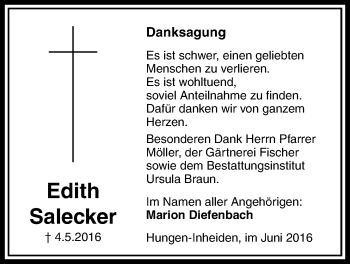 Traueranzeige von Edith Salecker von Licher Wochenblatt, Licher Wochenblatt, Licher Wochenblatt