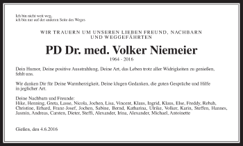 Traueranzeige von Volker Niemeier von Gießener Allgemeine, Alsfelder Allgemeine, Wetterauer Zeitung, Wetterauer Zeitung