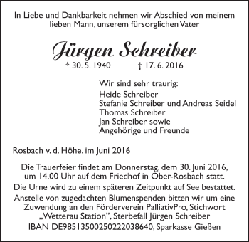 Traueranzeige von Jürgen Schreiber von Wetterauer Zeitung, Wetterauer Zeitung