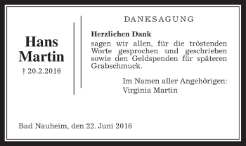 Traueranzeige von Hans Martin von Wetterauer Zeitung, Wetterauer Zeitung