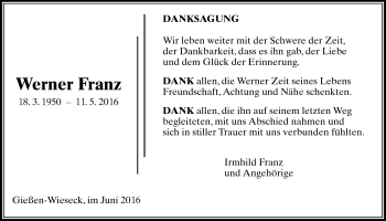 Traueranzeige von Werner Franz von Gießener Allgemeine, Alsfelder Allgemeine