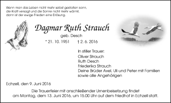 Traueranzeige von Dagmar Ruth Strauch von Wetterauer Zeitung, Wetterauer Zeitung
