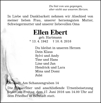 Traueranzeige von Ellen Ebert von Wetterauer Zeitung, Wetterauer Zeitung