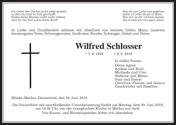 Traueranzeige von Wilfred Schlosser von Gießener Allgemeine, Alsfelder Allgemeine