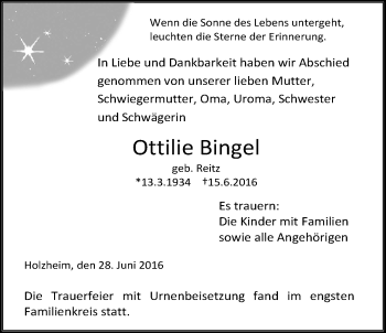 Traueranzeige von Ottilie Bingel von Gießener Allgemeine, Alsfelder Allgemeine