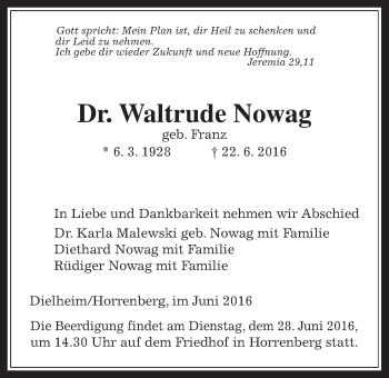 Traueranzeige von Waltrude Nowag von Wetterauer Zeitung, Wetterauer Zeitung