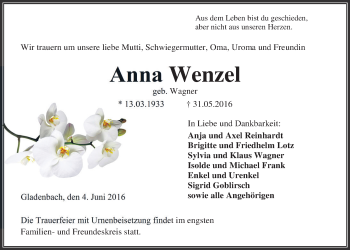 Traueranzeige von Anna Wenzel von Gießener Allgemeine, Alsfelder Allgemeine