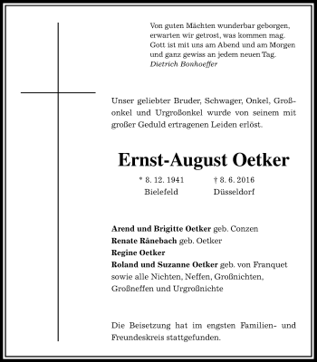 Traueranzeige von Ernst-August Oetker von Wetterauer Zeitung, Wetterauer Zeitung