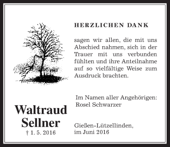 Traueranzeige von Waltraud Sellner von Gießener Allgemeine, Alsfelder Allgemeine