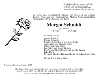 Traueranzeige von Margot Schmidt von Wetterauer Zeitung, Wetterauer Zeitung