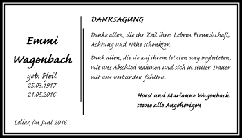 Traueranzeige von Emmi Wagenbach von Gießener Allgemeine, Alsfelder Allgemeine
