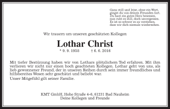 Traueranzeige von Lothar Christ von Wetterauer Zeitung, Wetterauer Zeitung