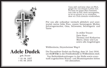 Traueranzeige von Adele Dudek von Wetterauer Zeitung, Wetterauer Zeitung