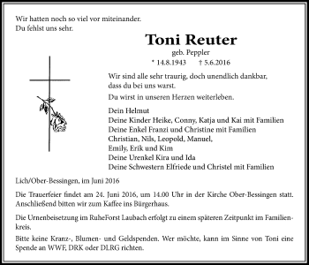 Traueranzeige von Toni Reuter von Licher Wochenblatt, Licher Wochenblatt, Licher Wochenblatt