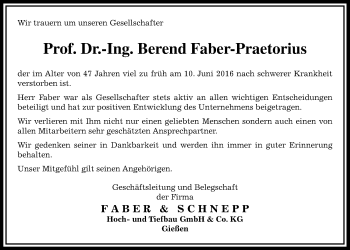 Traueranzeige von Berend Faber-Praetorius von Gießener Allgemeine, Alsfelder Allgemeine