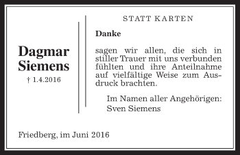 Traueranzeige von Dagmar Siemens von Wetterauer Zeitung, Wetterauer Zeitung