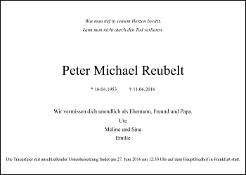 Traueranzeige von Peter Michael Reubelt von Wetterauer Zeitung, Wetterauer Zeitung
