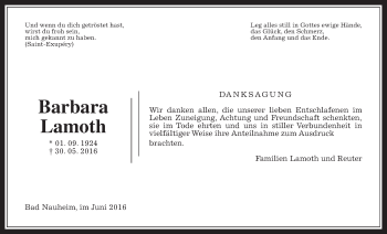 Traueranzeige von Barbara Lamoth von Wetterauer Zeitung, Wetterauer Zeitung